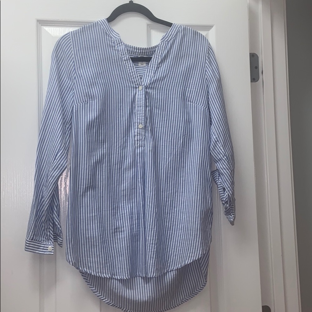 Blue and white striped 1/3 button top